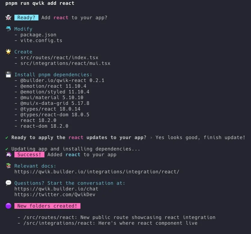 a screenshot showing the CLI output of running pnpm run qwik add react.